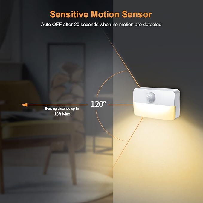 【4 Pack】 Motion Sensor Night Light, Stick-On Motion Sensor Lights Indoor, Battery Powered Under Cabinet Kitchen Lights with Adhesive Pads, Auto/On/Off for Cupboard Wardrobe Stair Kitchen- Warm White