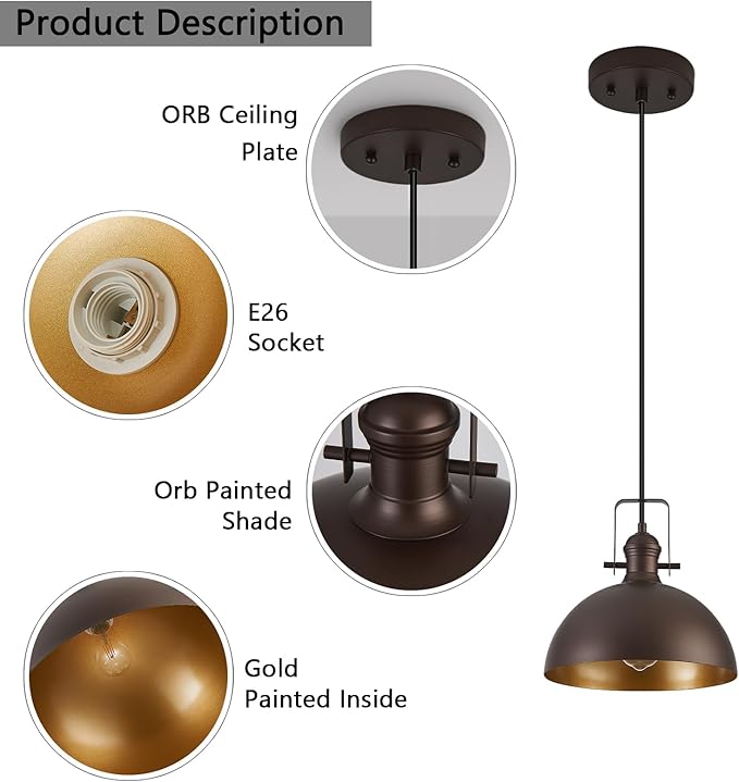 12 Inch Pendant Lights for Kitchen Island Matte ORB Farmhouse Pendant Light fixtures Adjustable Height Dome Hanging Light for Dinning Room Bedroom Hallway,3 Packs