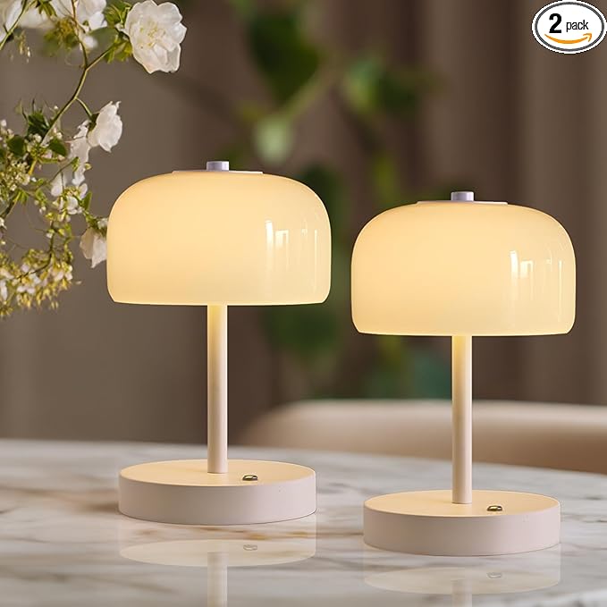 Oneach 9" Cordless LED Mushroom Table Lamp Touch 3 Way Dimmable Bedside Small Lamp Battery Operated Rechargeable Modern Nightstand Desk Lamp for Bedroom Living Room Restaurant White(2 Pack)