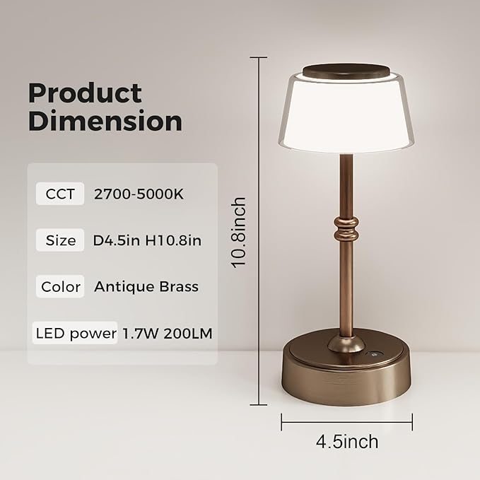LED Cordless Lamp, 5 Colors Stepless Dimming Table Lamp, 4400mAh Rechargeable Battery with USB Charging Port, Portable Touch Bedside Light for Patio, Restaurant, Dining(2, Antique Brass)