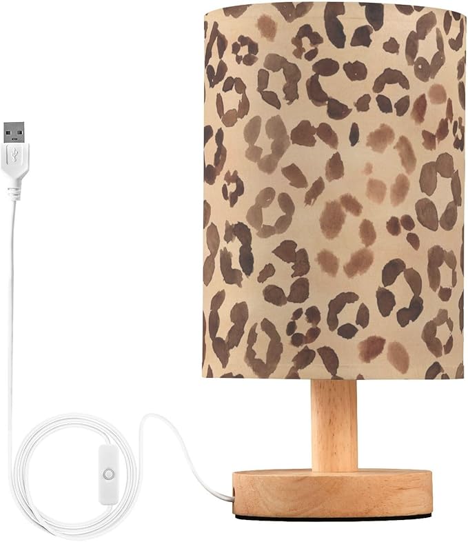 Bedside Table Lamp Leopard Brown Nightstand Lamp with Wood Desk Lamps for Bedroom Living Room Nursery Office Home Decor