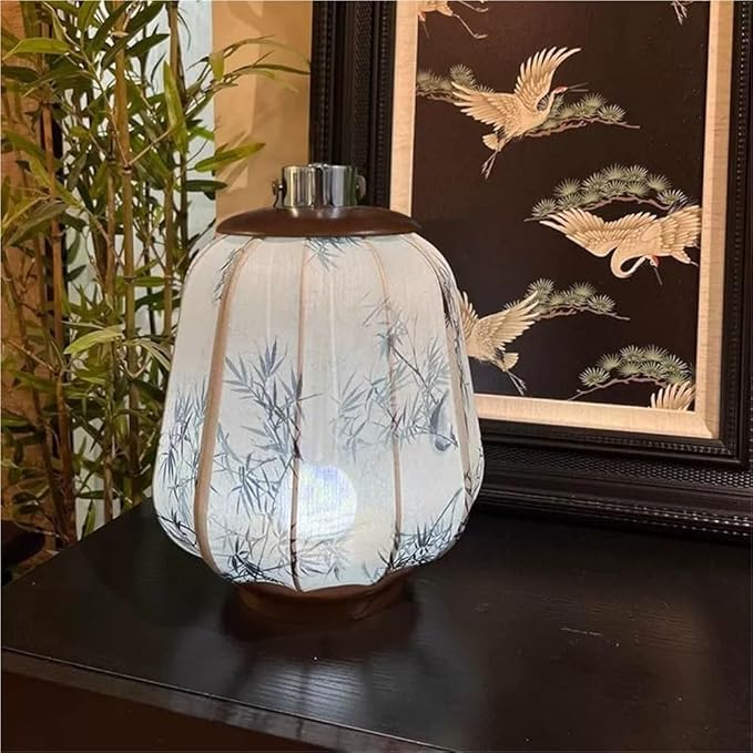 Simple Rechargeable Lantern Table Lamp with Touch Switch, Retro Chinese Small Night Light with Portable Handle, Elegant Decorative Fabric Nightstand Lamp for Bedroom Living Room(Blue)