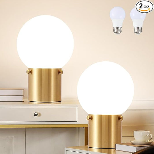 Somniferous Gold Table Lamps Set of 2, Small Bedside Lamps with Frosted Glass Globe Shade, Mid Century Modern Lamp, Nightstand Lamps for Bedroom Living Room Dorm, 7W LED Bulb Included