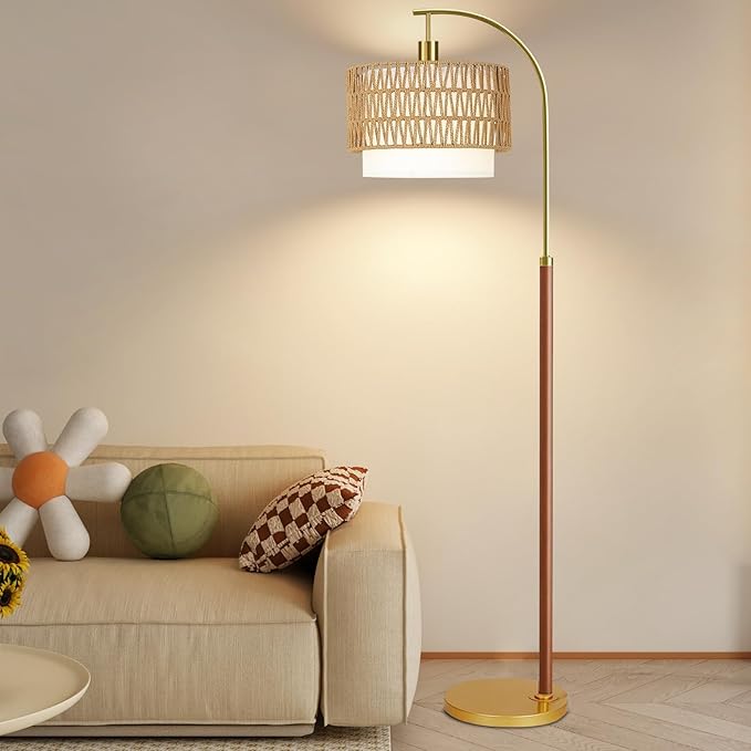 Boho Floor Lamps for Living Room Wood Floor Lamp with Remote Control,Dimmable Rattan Floor Lamps Farmhouse Gold Standing Lamp with 3 Color Temperature Tall Arc Floor Lamp for Bedroom Corner