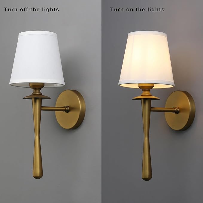 Yosoan Brass Gold Retro Boho White Fabric Wall Sconce Set of 2, Vintage Industrial Antique Indoor Hardwired Champagne Bronze Flared Fabric Shade for Bedroom Hallway Living Room