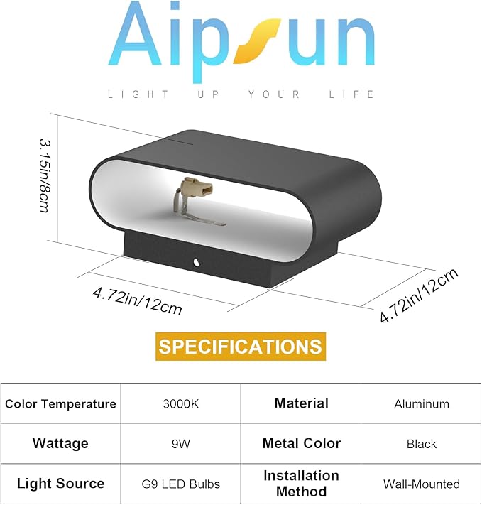 Aipsun Black Modern LED Wall Sconces Set of 2 Indoor Wall Lights Hardwired Up and Down Wall Mount Light for Living Room Bedroom Hallway Corridor Conservatory Warm White 3000K(with G9 Bulbs)