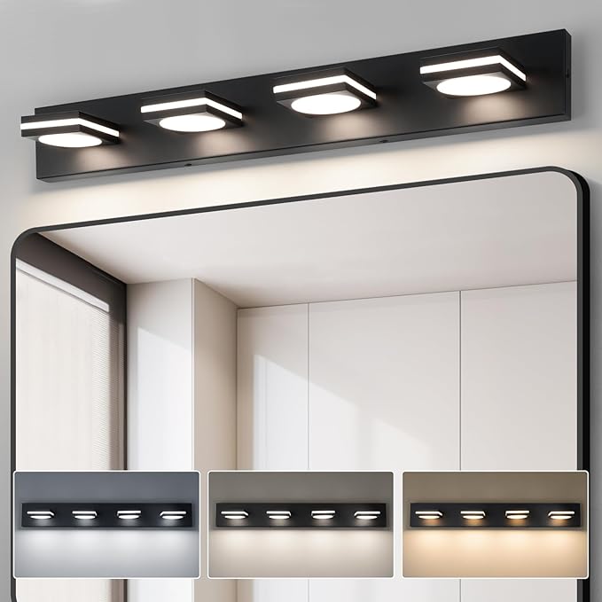 OKELI 4-Light LED Bathroom Vanity Light Fixtures, Matte Black Modern Bathroom Wall Lighting Fixtures Over Mirror (3CCT, 3000K-6000K)
