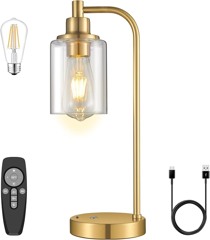 Cordless Table Lamp Rechargeable Gold, 8000mAh Battery Operated Table Lamps with Remote Control, Touch Dimmable Bedside Lamps with Glass Shade, Portable Wireless Lamp for Bedroom, Living Room