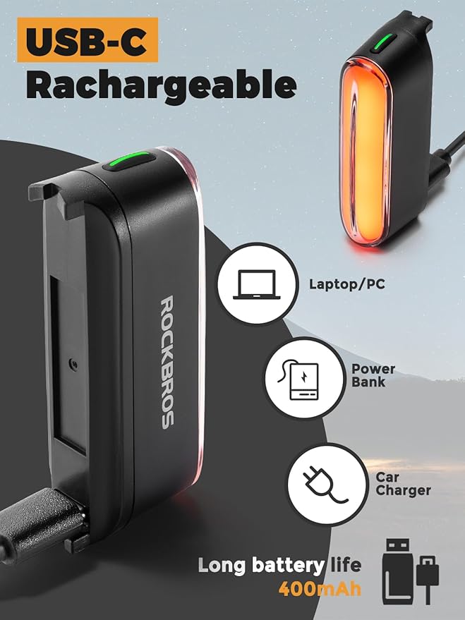 ROCKBROS Magnetic Bike Tail Light, USB-C Rechargeable, IPX6 Waterproof, 7 Modes, Safety Cycling Light for Road & Mountain