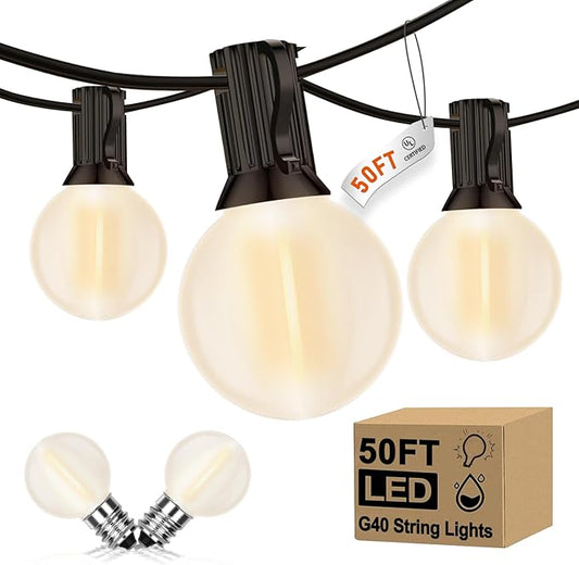 50FT LED Outdoor String Lights with 52 (2 Spare) Frosted Patio Shatterproof Bulbs,Commercial Grade Waterproof Patio Lights,Decorative for Garden Christmas Patio,Backyard, Balcony