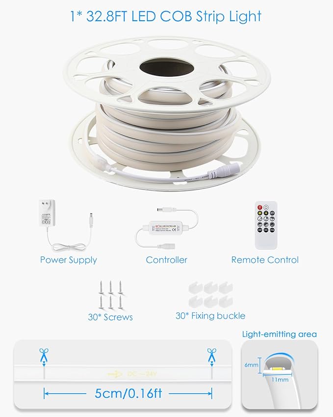 24V COB LED Strip Light Warm White 32.8FT Dimmable LED Tape Light with Dimmer 3000K High Density 320LEDs/M Waterproof LED Rope Light Cuttable Includes Adapter for Building Garden Rooftop 10M
