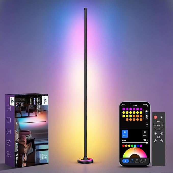 APPECK RGBW Corner Floor Lamp with Wi-Fi App Control, 60 Inch Smart Standing Lamps with 114 Scenes, DIY Mode, Music Sync, Modern Standing Lamps for Bedroom, Living Room