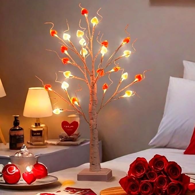 Tabletop Mini Tree Light 23.6Inch Height Artificial Lamp with 24Pcs Led Heart and Timer Dimmable White Birch Twinkle Fairy Tree Lamp 3 AA Battery or USB Powered for Girls Bedroom Decor