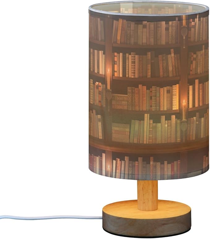 Table Lamp Library Bookshelf Book Candle Nightstand Lamp with Wood Base Fabric Lamp Shade Bedside Desk Lamp for Living Room Bedroom Kids Room Office