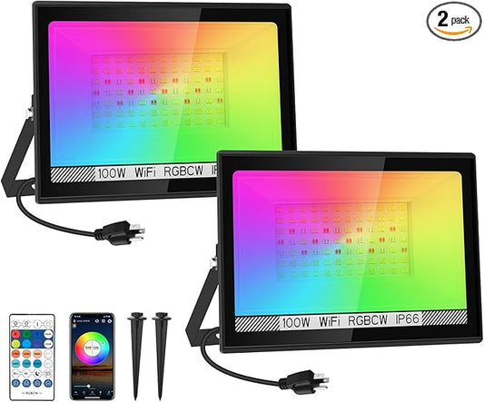 T-SUN RGB Flood Lights Outdoor, 1000W Equivalent Color Changing Landscape LED Light with APP & WiFi & Remote Control, Waterproof Floodlight with 16 Million Colors, Timing, Music Sync (100W-2Pack)