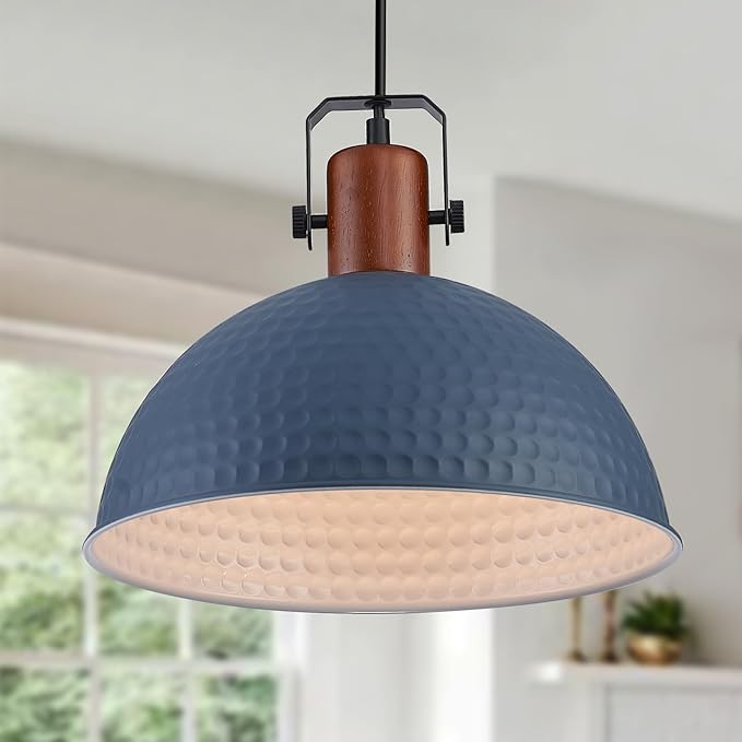 12 Inch Blue Pendant Lights Hammered Matte Pendant Lights for Kitchen Island Industrial Farmhouse Adjustable Height Dome Hanging Light Fixtures for Barn, Dining Room 2 Packs