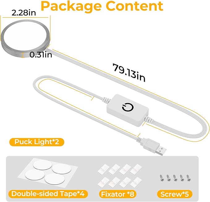 4 Pack Puck Lights 5V Single USB Powered,3 Color Temperature Adjustable & Dimmable Under Cabinet Light,3D Printer LED Lamp Kit for Cabinet,Wardrobe,Showcase