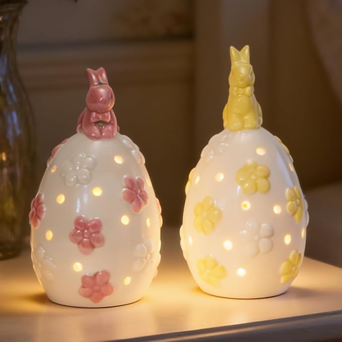 WDS WONDROUS Light Up Easter Decorations Bunny and Egg Figurines Set, LED White Easter Spring Home Decor, Ceramic Rabbit Egg Sculpture for Farmhouse Tabletop Centerpiece Wedding Gifts 2PCS