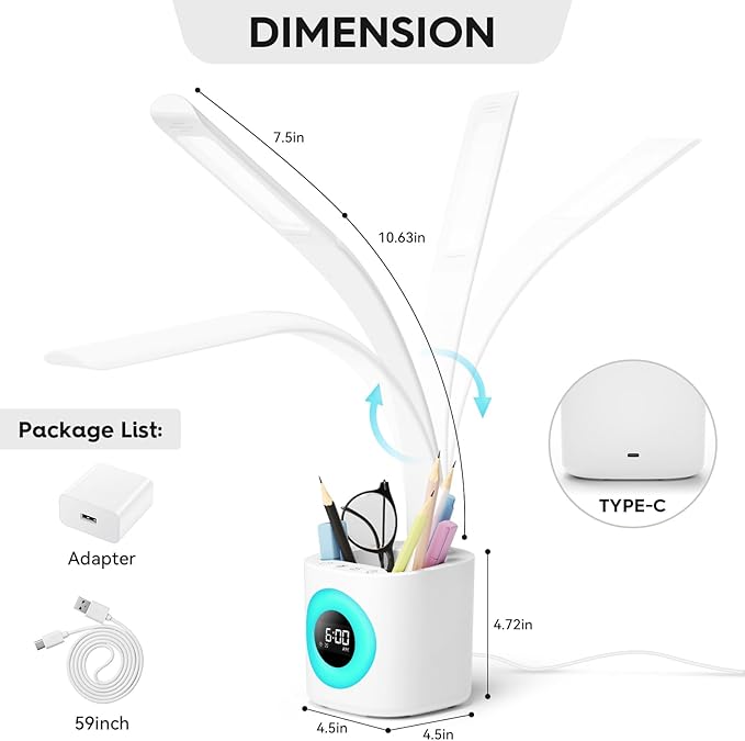 Hokone Desk Lamp for Kids, LED Desk Light for Home Office Dimmable USB Table Lamps with Clock Pen Holder Adjustable Desk Lamps with Color Night Lamp,Children's Christmas Gifts White