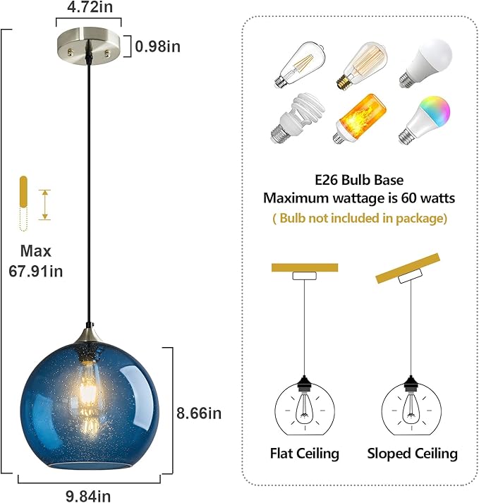 Blue Glass Pendant Lights Kitchen Island Lighting Globe Pendant Light Fixtures Modern Pendant Lighting for Kitchen Island Bedroom Living Dining Room Light Fixture(9.84in, 1-Pack)
