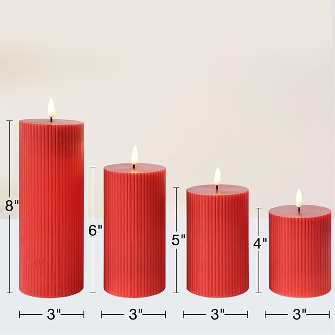 Red Ribbed Flameless Pillar Candles with Remote, Flat Top Flickering LED Wax Candles Battery Operated Set of 4