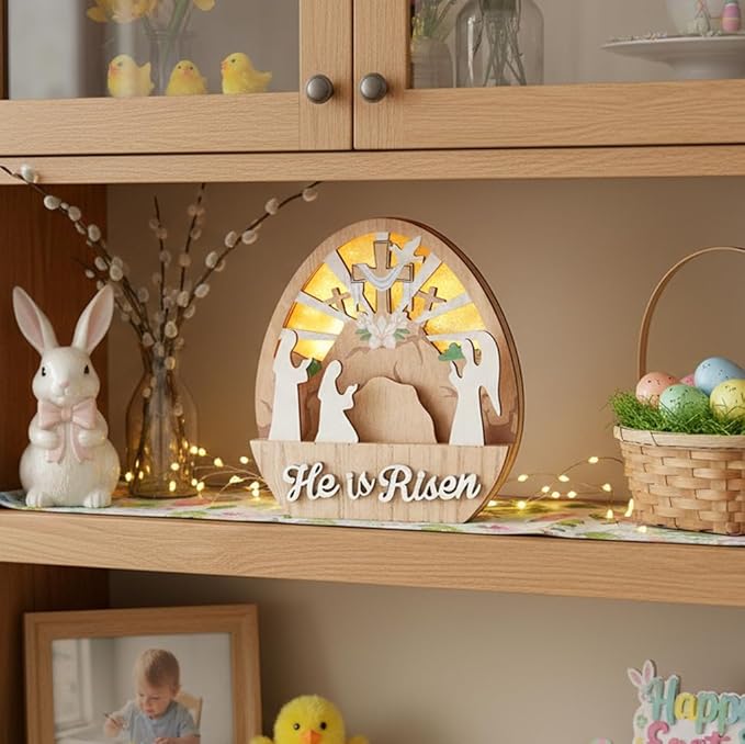 Valery Madelyn Easter Decorations with LED Light, Lighted Empty Tomb Scene and Cross Decoration, Wooden Christian Easter Decor Resurrection Scene for Home Table Shelf, 8.0 inch