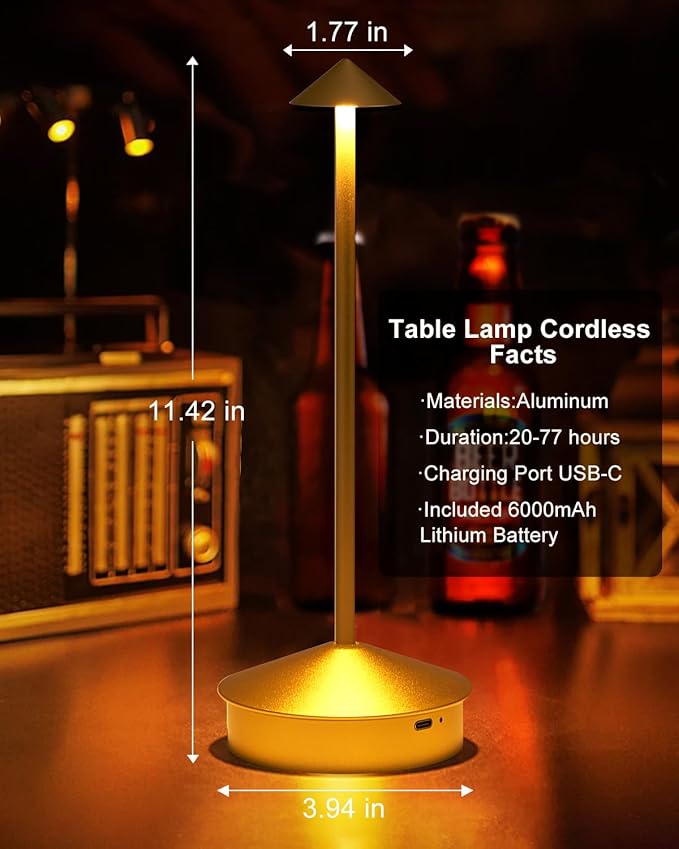 2 Pack Aluminum Cordless Table Lamp, 6000mAh Rechargeable Table Lamps, Portable Touch LED Lamp, Outdoor Waterproof Dimmable Cordless Rechargeable Table Lamps for Restaurant/Patio- Black (Gold)