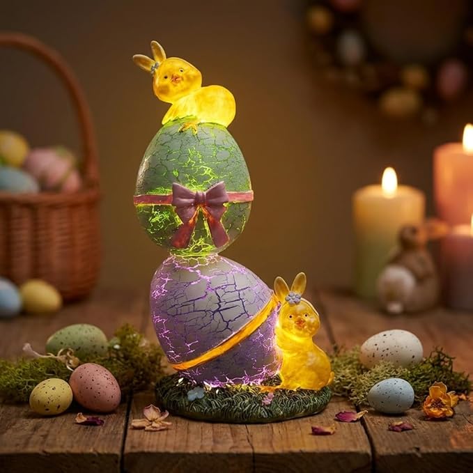 Lighted Easter Eggs Chicks Figurines, 6.5" H Purple Green Resin Light Up Decorative Egg Small Statue Table centerpieces Decor Indoor, Cute Spring Tabletop Mantel Shelf Desk Home Decorations