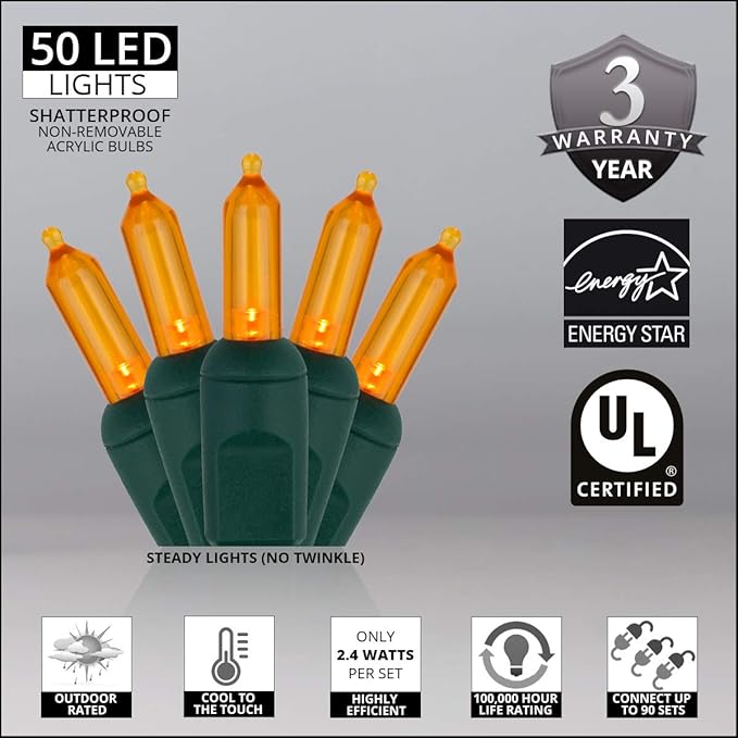 Wintergreen Lighting 50 T5 LED Orange Mini Lights, 25.5 ft Green Wire Indoor/Outdoor Commercial Grade String for Halloween and Holiday Decor