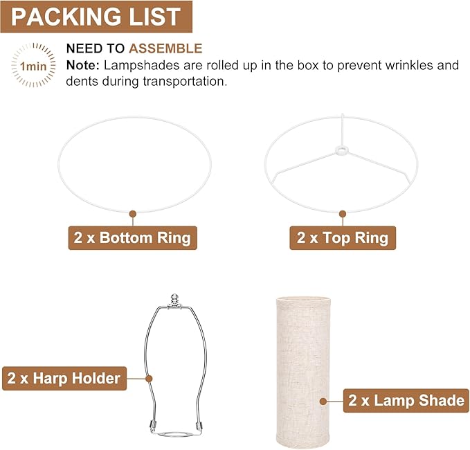 Tall Drum Lamp Shades Set of 2, 10"Top x10" Bottom x 13"High, Beige Lampshade for Table Lamp Floor Lamp, Replacement Lampshades Natural Linen Handcrafted, Spider, Harp Holders Included, Easy Assembly