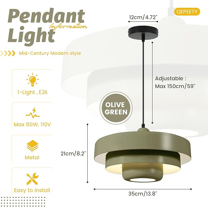 Olive Green Nordic Pendant Light, 13.8" Modern Flush Mount Ceiling Lamp for Kitchen Island, Farmhouse Hanging Light Over Dining Table, Closet, Pantry