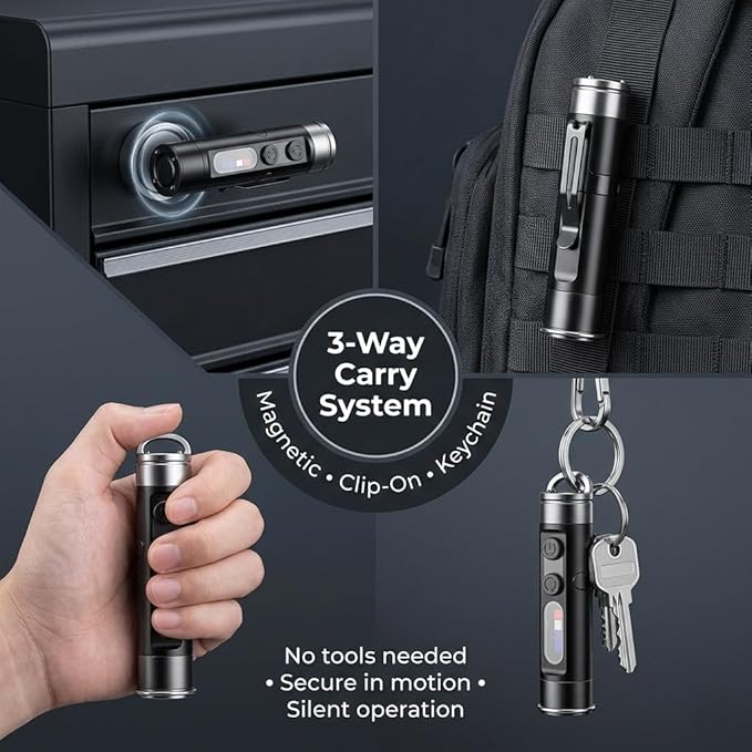 Pocket Rechargeable EDC Flashlight, 500 Lumens Keychain Light with Fire Starter & Window Breaker, Multi-Color Sidelights & Magnetic Base for Emergency, Camping, Car