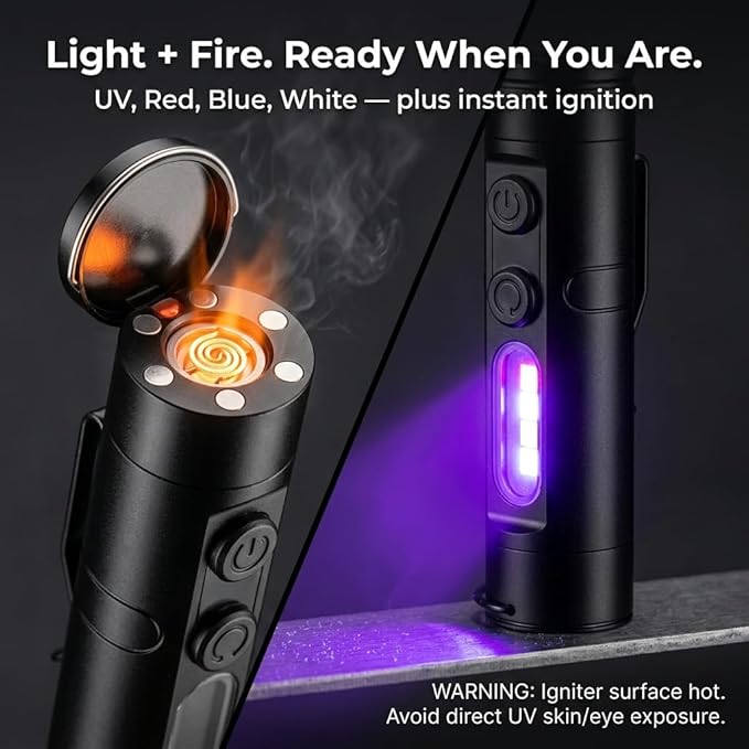 Pocket Rechargeable EDC Flashlight, 500 Lumens Keychain Light with Fire Starter & Window Breaker, Multi-Color Sidelights & Magnetic Base for Emergency, Camping, Car