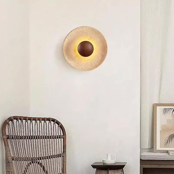 Wall Sconce American Retro Minimalism Wall Light Round Yellow Travertine Interior Wall Lamp 7W LED Warm Light 3000K travertine sconce Wooden Decoration Living Room Wall Lighting