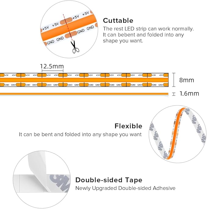 BTF-LIGHTING FCOB COB FOB LED Strip Lights 5V USB Powered 3.28FT 320LEDs Orange Color 8mm Width Dimmable CRI 90+ with 3M Tape Flexible High Density for 3D Printer TV Backlight PC DIY Decor