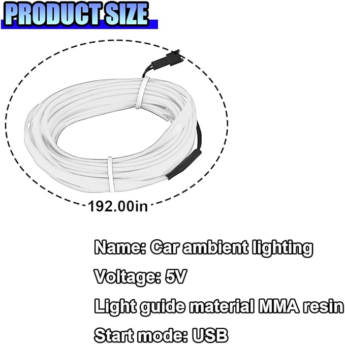 EL Wire Car Interior LED Strip Lights, 5V 16FT Neon Light Strip with Sewing Edge, USB Electroluminescent Car Interior Lights with Fuse Protection, Vehicle Ambient Lighting Decorations (White)