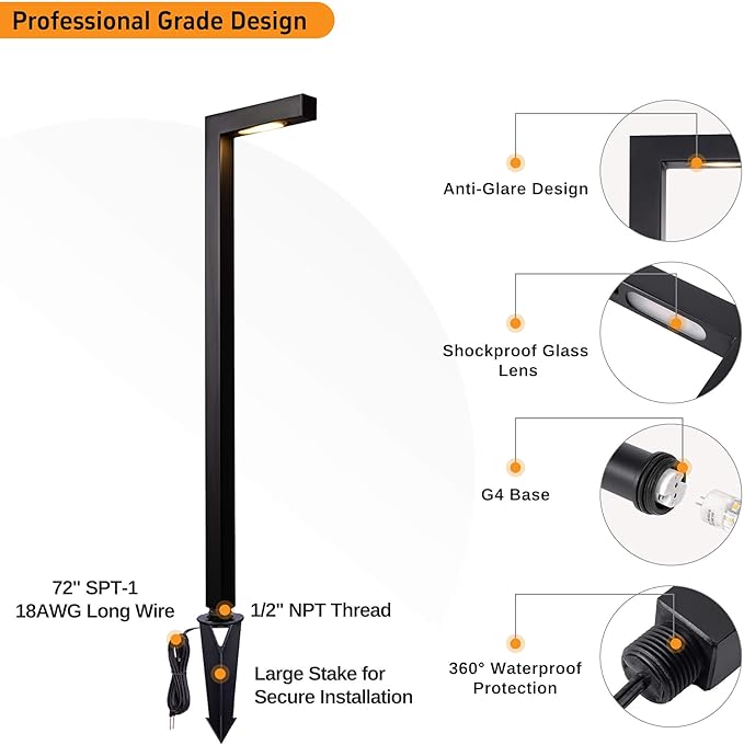 Gardenreet Low Voltage Pathway Lights Brass, LED Landscape Path Lights, Yard Lights Outdoor Waterproof IP65, 12V Wired L Shape Black for Garden Walkway with 3W 270LM 2700K G4 Bulb 4 Pack