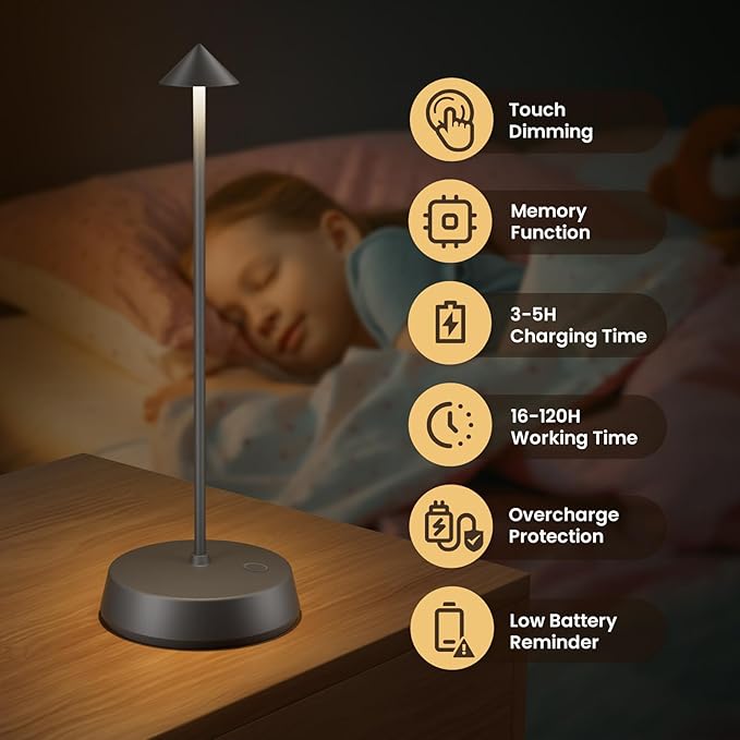 Cordless Table Lamps Rechargeable, 6000mAh LED Battery Operated Desk Lamp, Portable Outdoor Waterproof Touch Stepless Dimmable Wireless Table Light for Dining Restaurant Home Patio (Grey-1PC)
