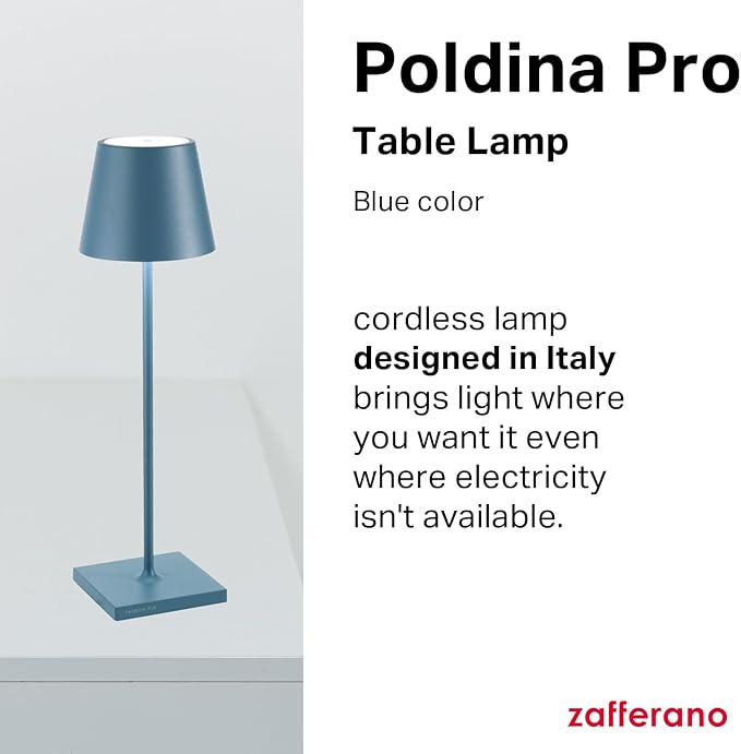 Zafferano, Poldina Pro Lamp, Rechargeable Cordless Table Lamp with Touch Controls, Suitable for Indoor and Outdoor, Dimmer, 2200-3000 K, Height 14.9 Inches, Avio Blue Color