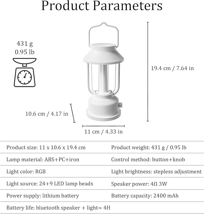 Retro RGB Portable Night Light with Bluetooth Speaker, Constant Light and Fantasy Color Two Modes, Romantic Atmosphere Lamp, Vintage Camping Light with Handle (White)