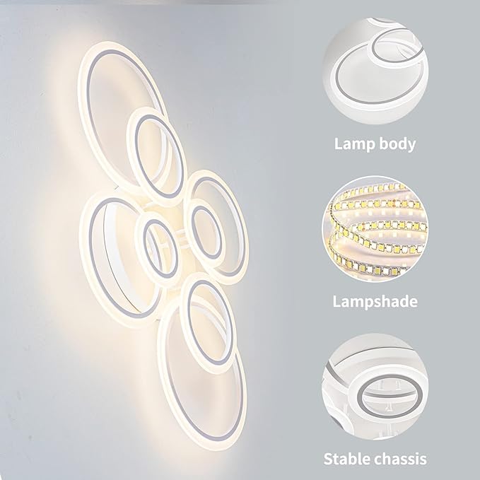 Modern LED Ceiling Light, Dimmable LED Chandelier Flush Mount Ceiling Lights, Remote Control Acrylic Ring Ceiling Lamp Fixture for Living Room Dining Room Bedroom (White, 8 Rings)