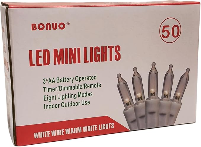 Mini Christmas Lights, 16Ft 50 LED Battery Operated String Lights with Remote Timer 8 Modes on White Wire for Indoor Outdoor Christmas Wreath Decor, Warm White