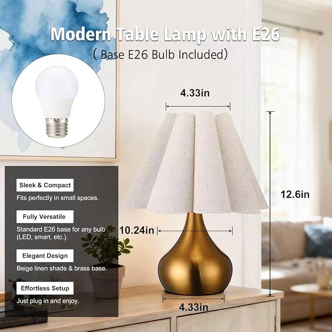 Small Table Lamp Pleated Table Lamp Fabric Shade Desk Lamp Gold Base Mini Bedside Nightstand Lamp with Beige Lampshade Cute Night Light Modern Lamp for Bedroom Home Living Room Kitchen Nursery Decor