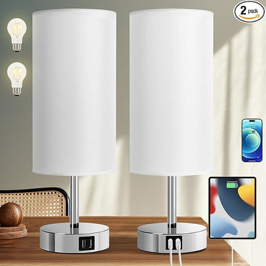 Yarra-Decor Bedside Lamps with USB Port - Touch Control Table Lamp for Bedroom 3 Way Dimmable Nightstand Lamp Set of 2 with Round White Fabric Shade for Living Room, Dorm, Home Office (White, 2 Pack)