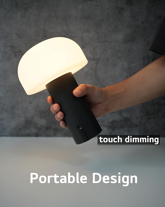 Cordless Mushroom Table Lamp, Waterproof Shower Lamp, Battery Operated Table Lamp Rechargeable, Touch Dimmable Night Light for Bedroom/Patio/Camping/Dinning/Outdoor (Black)