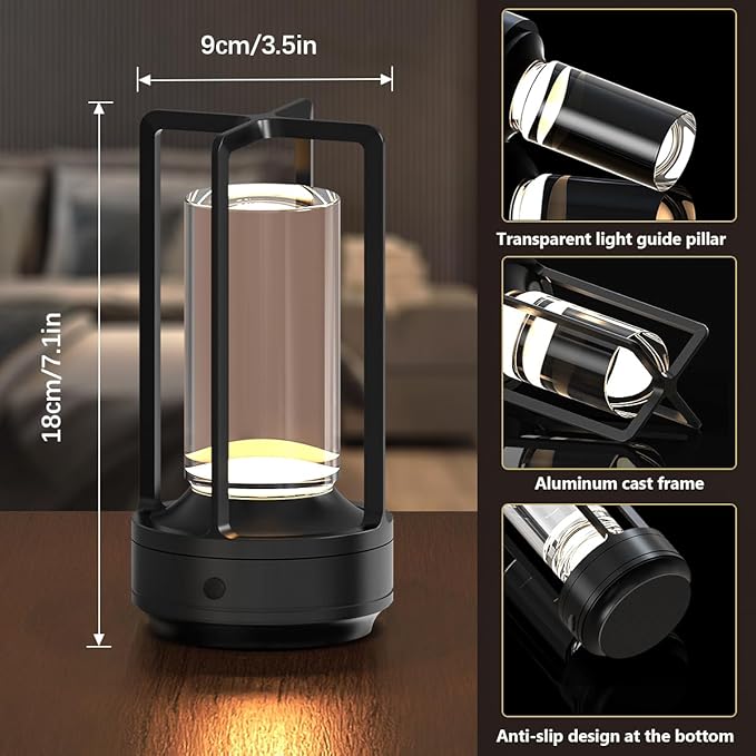 Small Cordless Table Lamps Rechargeable Set of 2 for Indoor/Outdoor, Portable Battery Operated Powered Lamps, Dimmable 3 Color Modes Waterproof, LED Desk Lights for Bedroom/Restaurant/Camping-Black