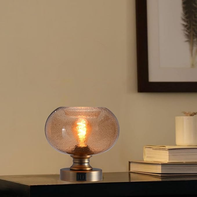 Mid Century Glass Table Lamp,Dimmable Desk Lamp,LED Bulb Included,Touch Control & USB A+C Port,Cognac Amber Seeded Glass
