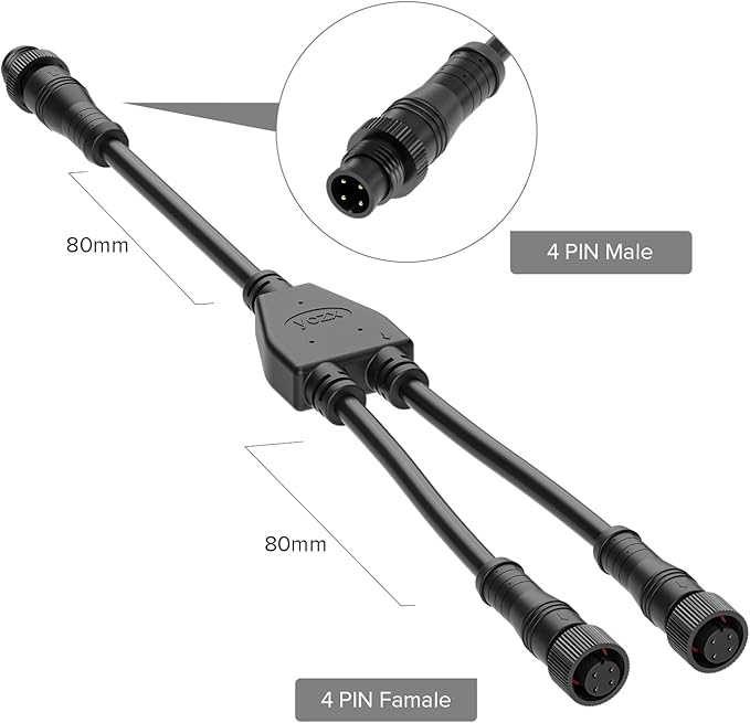 BTF-LIGHTING 4 Core 4 pin Small Size IP68 Y Shape 1 Male-Divided-2 Female Spillter Connctor Black Plastics 20AWG 15mm Metal Metal Nut Support All BTF-LIGHTING 4 pin Small Size IP68 Connector
