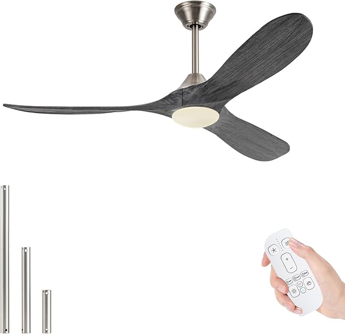 52 Inch Outdoor Ceiling Fan with Lights Remote, 3 Blades Solid Wood Modern Gray Ceiling Fan with Reversible Quiet DC Motor, Damp-rated Indoor Outside Ceiling Fans for Patios Porch Garage Gazebo