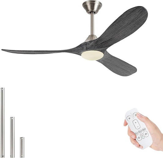 52 Inch Outdoor Ceiling Fan with Lights Remote, 3 Blades Solid Wood Modern Gray Ceiling Fan with Reversible Quiet DC Motor, Damp-rated Indoor Outside Ceiling Fans for Patios Porch Garage Gazebo